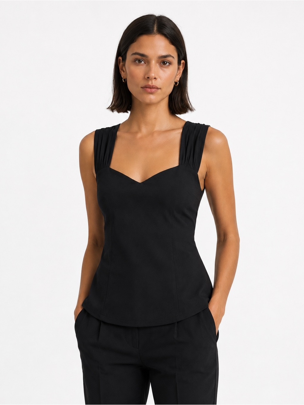 Theory Black Pleated-Strap Sweetheart Camisole 100% silk